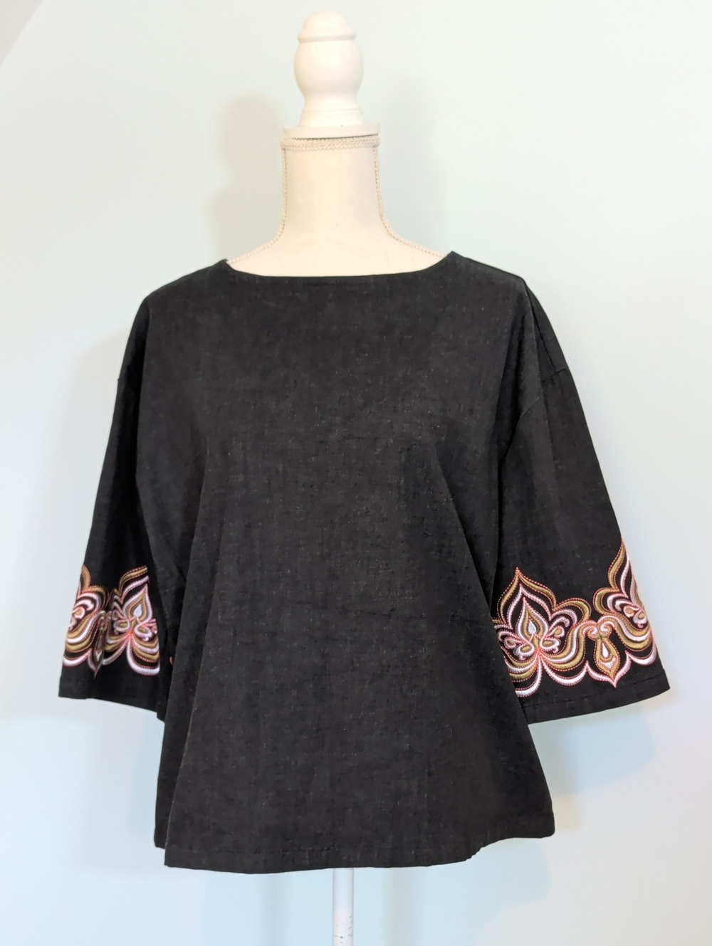Bob Mackie Wearable Art Black Bell-Sleeve Tunic with Embroidered Cuffs